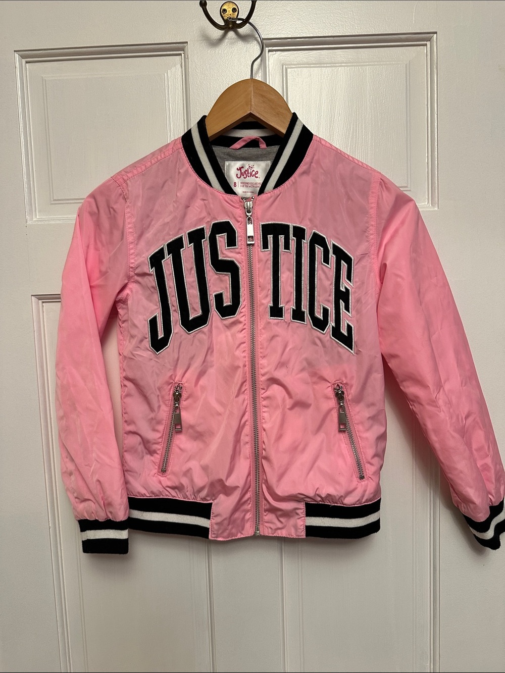 Justice Pink Varsity-Style Bomber Jacket with Black Trim